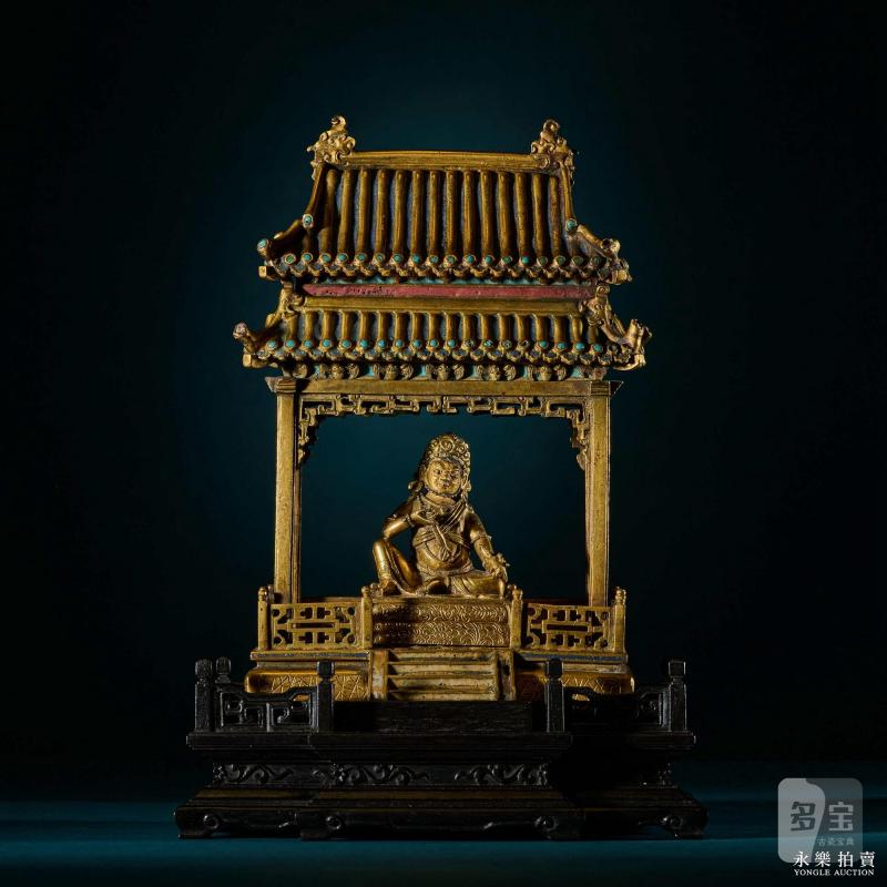 清康熙 （宫廷）铜鎏金黄财神填珐琅殿式佛龛（一组） - 图2